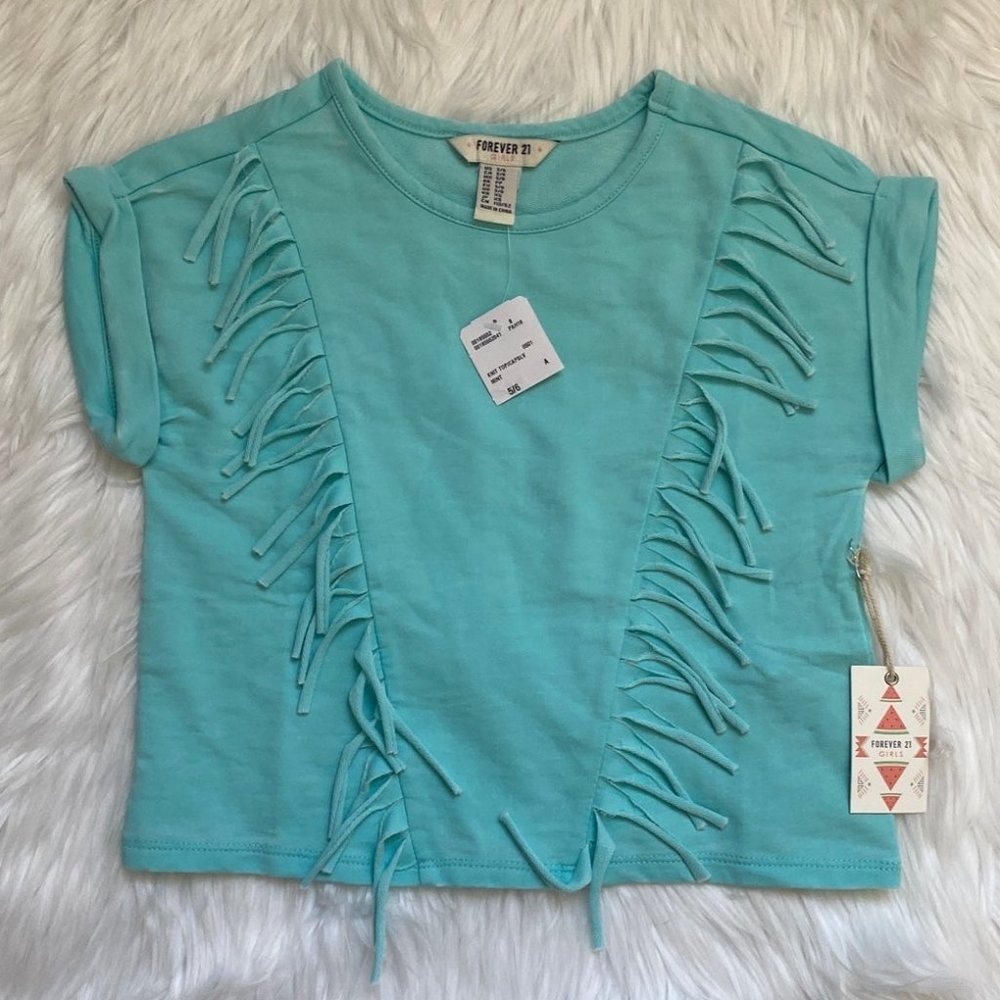 Forever 21 Little Kids Girls Mint Blue Fringe Short Sleeve Shirt, Size 5/6